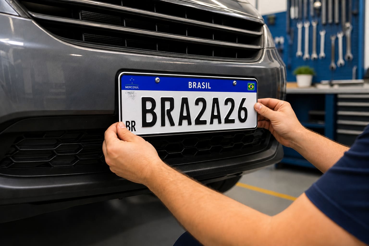 Instalação de placa Mercosul em carro